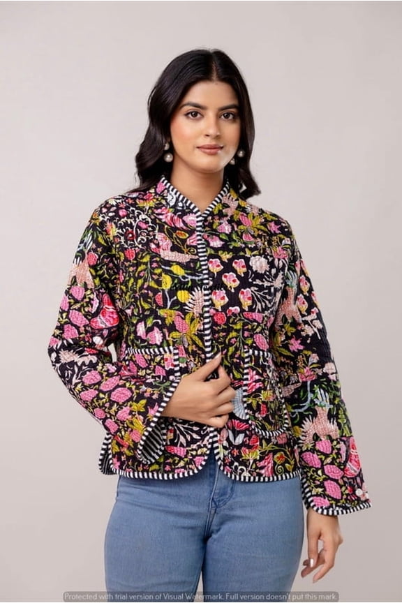 Women’s Quilted Waistcoat – Multicolor Floral Embroidery Cotton Jacket, Striped Collar, Patch Pockets