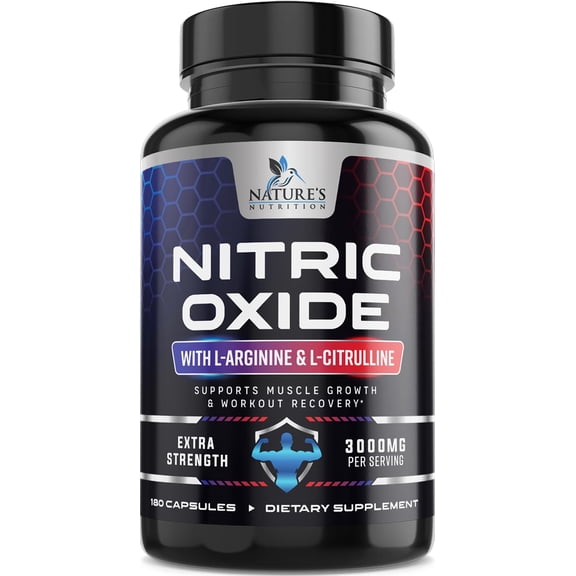 Nitric Oxide Booster Extra Strength - 3X Strength L-Arginine & Citrulline Supplement - Best Nitric Oxide Supplements for Men - Supports Muscle, Heart Health, Energy - Bottled in USA - 180 Capsules