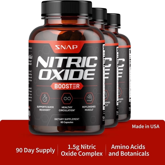 Snap Nitric Oxide Booster Capsules, Pre Workout Amino Acid Supplement for Energy & Circulation Support, 1500mg, 60 Count, 3 Pack