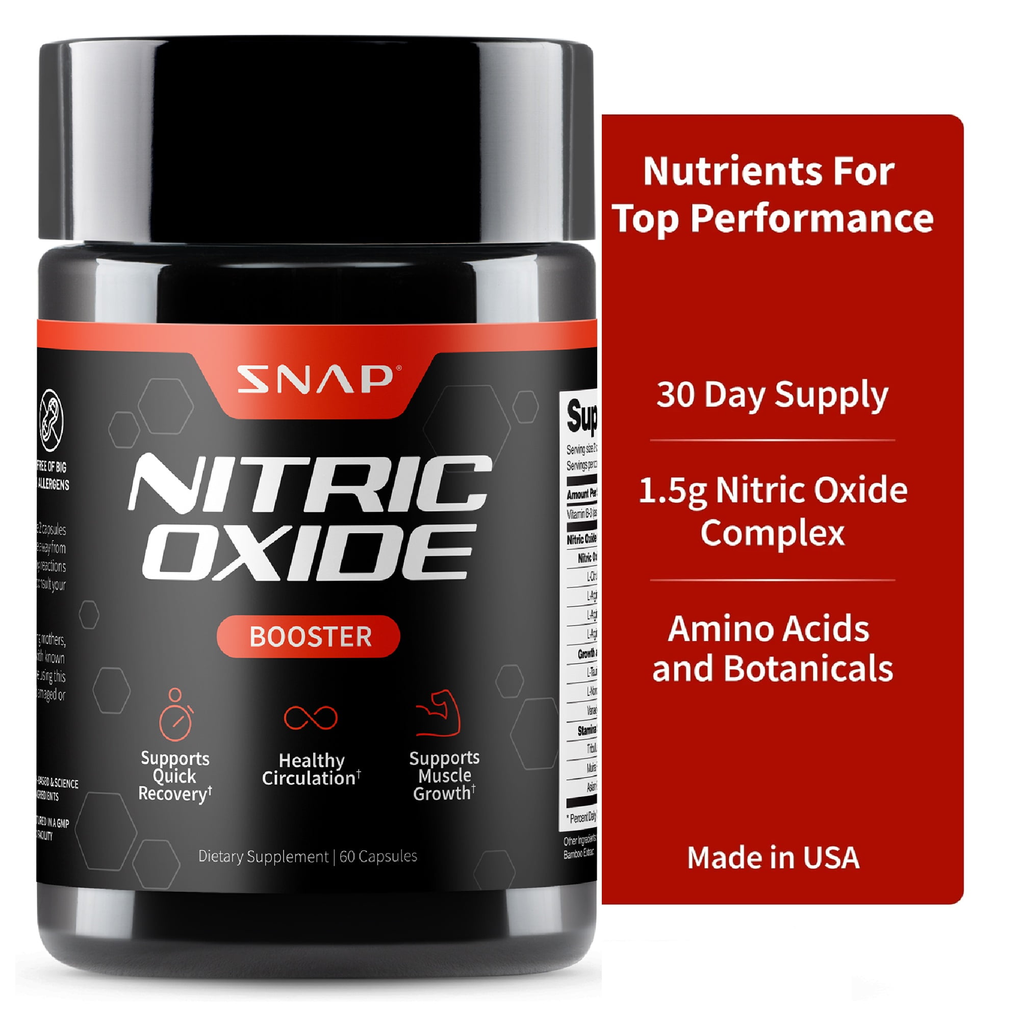 Nitric Oxide Booster Snap Supplements - Pre Workout, Muscle Builder, 60 Capsules