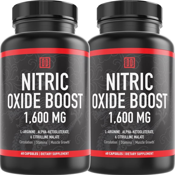 Nitric Oxide Booster Supplement - 1600mg Extra Strength L-Arginine, Citrulline Malate, and Alpha-Ketoglutarate for Muscle Growth, Vascularity & Energy - Double Dragon Organics 2 Bottles (120 Caps)