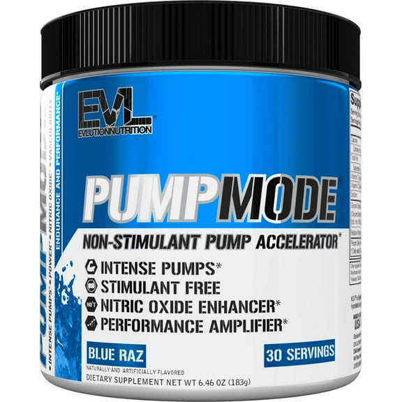 Nitric Oxide Booster Workout Supplement - EVLution Nutrition Pump Mode NO Boost for Performance & Vascularity - Pre Workout Powder 30 Servings (Blue Raz)