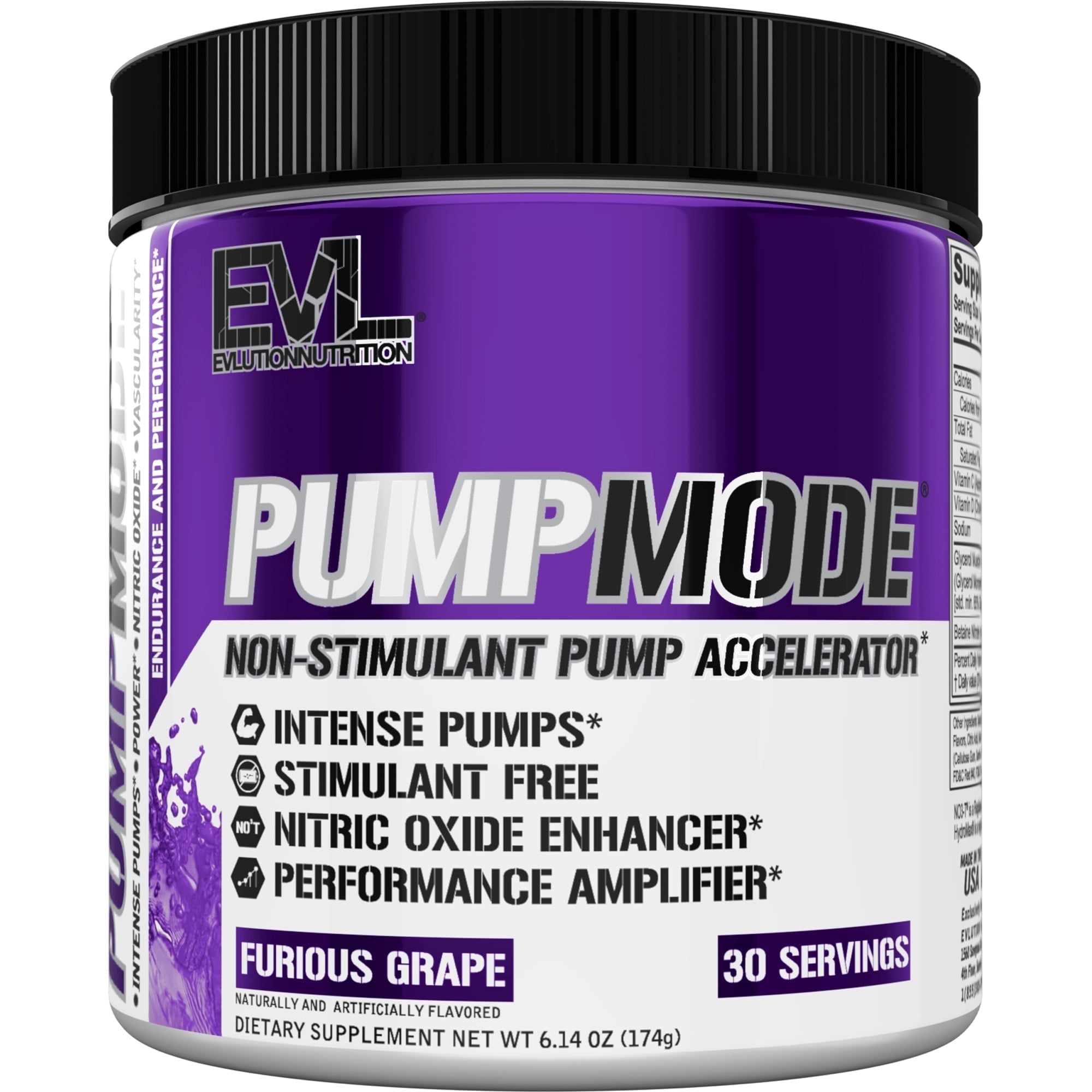 Nitric Oxide Booster Workout Supplement - EVLution Nutrition Pump Mode NO Boost for Performance & Vascularity - Pre Workout Powder 30 Servings (Furious Grape)