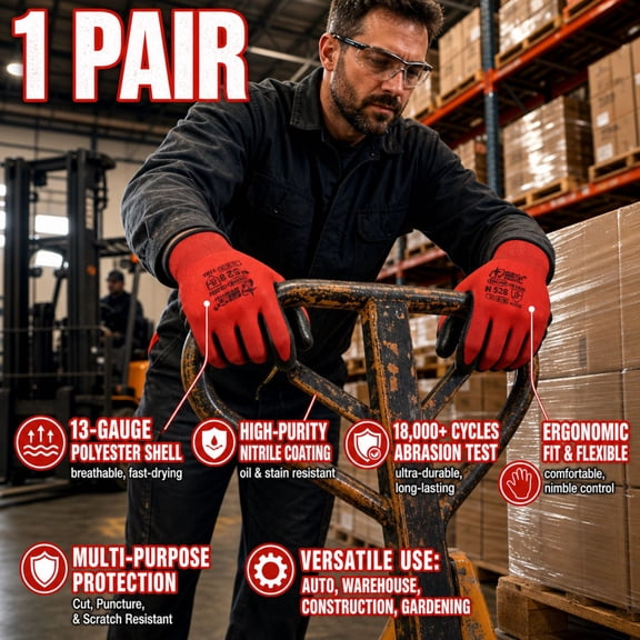 Nitrile Coated Work Gloves, Breathable Gardening Gloves for Women & Men, Secure Grip Mechanic Gloves & Yard Gloves, Red