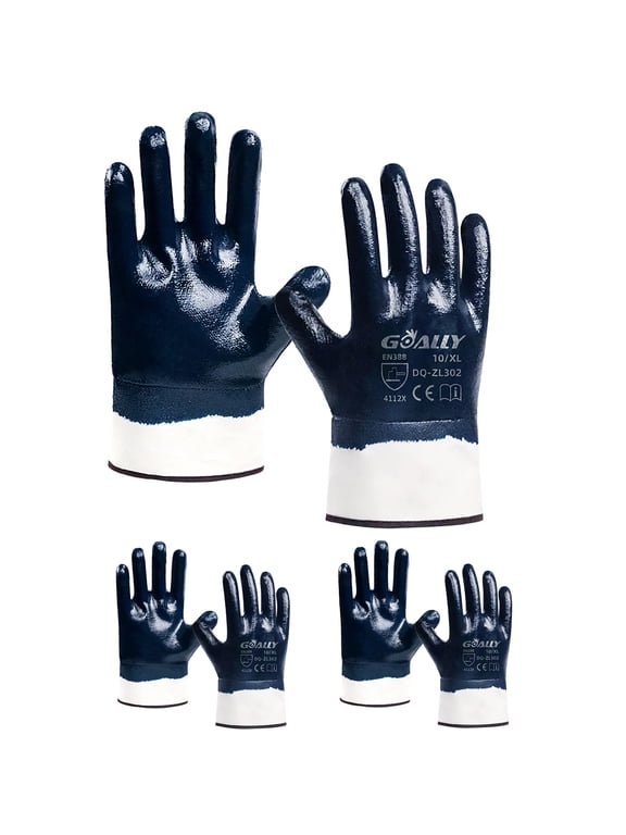 Nitrile Coated Work Gloves Waterproof and Oil Resistant, Heavy Duty Safety Gloves with Wide Cuff Ideal for Automotive, Mechanical & Industrial Use