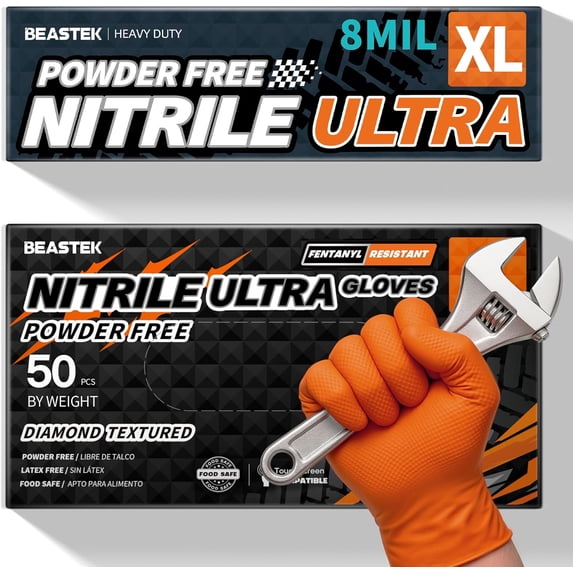 Nitrile Disposable Gloves, 8Mil Latex & Powder Free Chemical Resistant Heavy Duty Cooking Diamond Glove Orange 50 Pcs