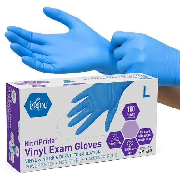 MED PRIDE Nitrile Vinyl Gloves – Non Latex Gloves, Powder-Free, Rubber-Free Disposable Medical Gloves for Cleaning, Cooking & Exams, Large, 100-Pack
