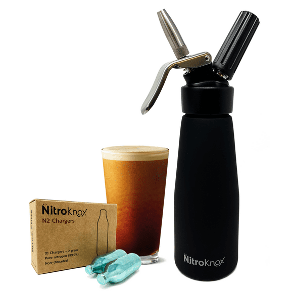 Nitro Cold Brew Coffee Kit by Nitroknox Custom 1pt Aluminum Metal Head Dispenser, Pure Nitrogen (N2) Gas Chargers Cartridges NCB Maker with x10 Chargers for Nitro Coffee From Home
