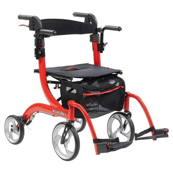 Nitro Duet Dual Function Transport Wheelchair & Rollator Rolling Walker, Red
