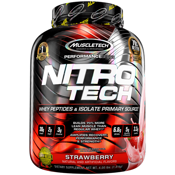 NitroTech Protein Powder Plus Muscle Builder, 100% Whey Protein with Whey Isolate, Strawberry, 40 Servings (4lbs)