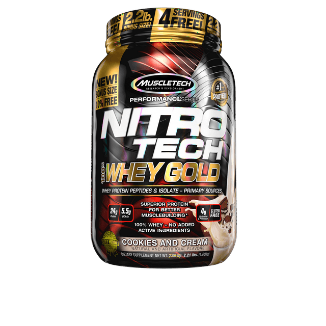 "NitroTech Whey Gold, 100% Whey Protein Powder, Whey Isolate and Whey Peptides, Cookies and Cream, (2.0lbs)"