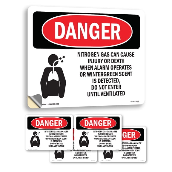 Nitrogen Gas Can Cause Injury OSHA Danger Vinyl Decal Label 5 Inch x 3.5 Inch - 5 Pack