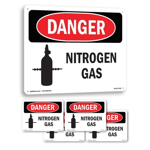 Nitrogen Gas OSHA Danger Rigid Plastic Sign 18 Inch x 12 Inch - 5 Pack