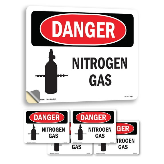 Nitrogen Gas OSHA Danger Vinyl Decal Label 18 Inch x 12 Inch - 5 Pack
