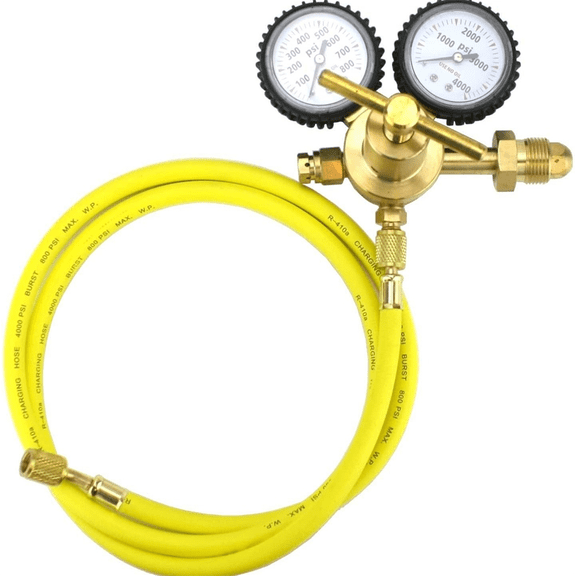 Nitrogen Regulator with 60In Hose for HVAC Purge, CGA580 Inlet Connection and 1/4In Male Flare Outlet Connection
