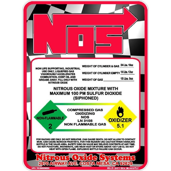Nitrous Oxide 15LB NOS Bottle Replacement Checkered Flag Racing Pattern Label Sticker Decal Made in America (Non-Laminated 15 LB)