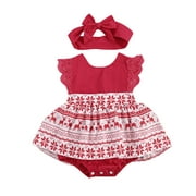 Nituyy 2 Pcs Newborn Christmas Print Outfits, Infant Fly Sleeve Lace Patchwork Romper + Solid Color Headband