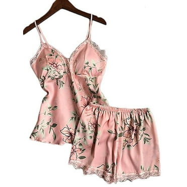 Nituyy 2Pcs Women Satin Silk Sleepwear Lace V Neck Pyjamas Set