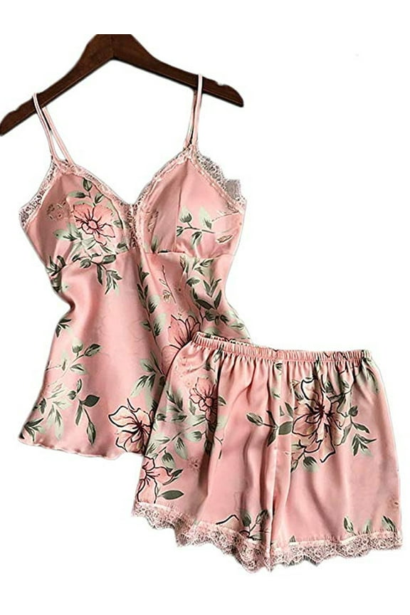 2Pcs Women Satin Silk Sleepwear Lace V Neck Pyjamas Set