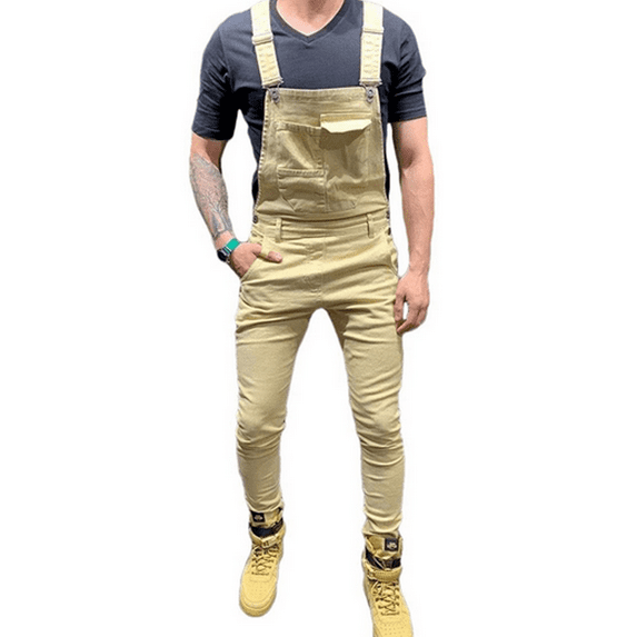 Nituyy Men's Denim Bib Overalls Slim Fit Ripped Hole Jumpsuits