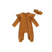 Nituyy Newborn Baby Girl Solid Color One Piece Footies Rompers Long Sleeve Ruffle Zipper Jumpsuit Playsuit Winter Clothes