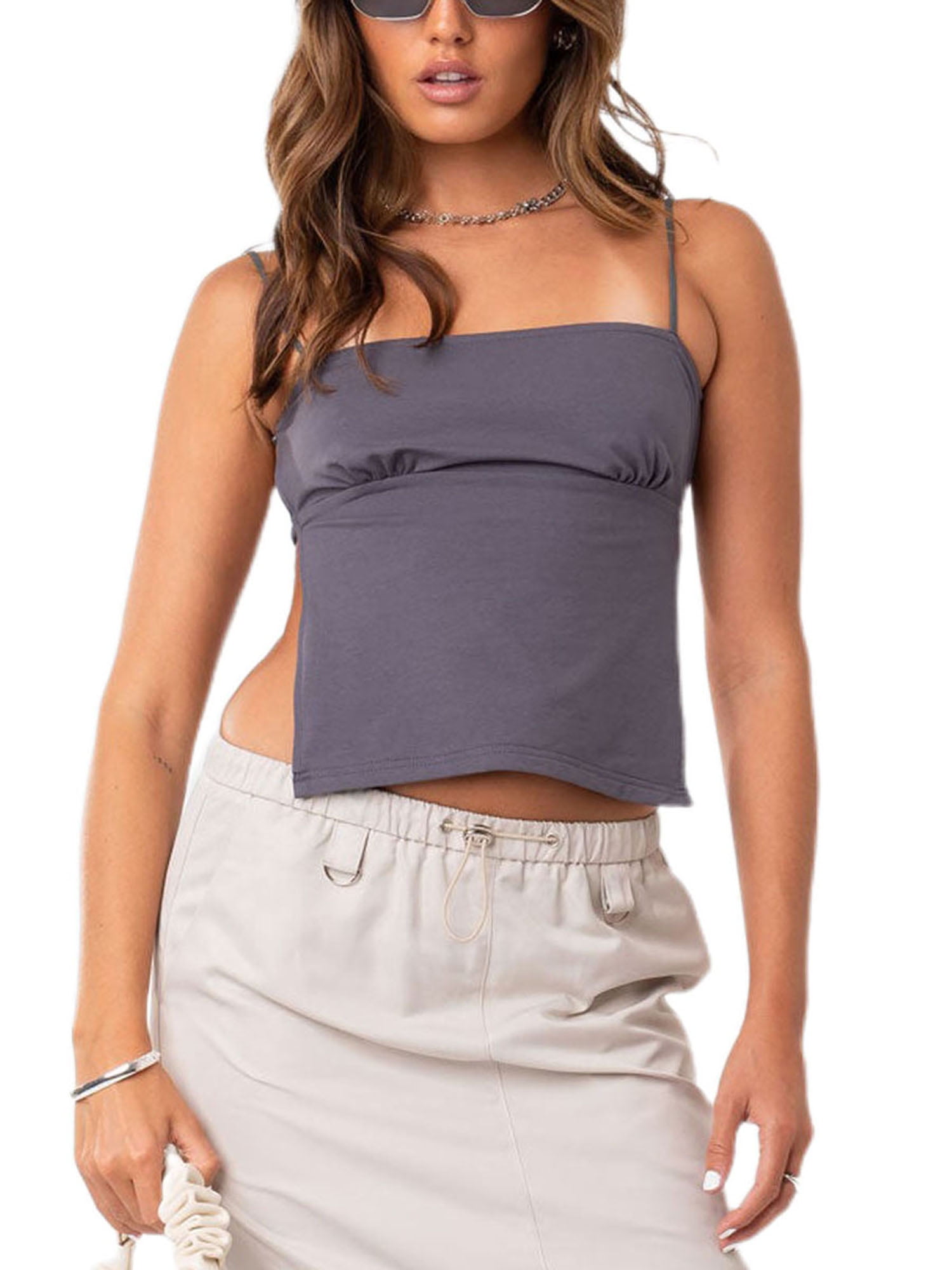 Nituyy Women Backless Crop Top Vintage Tie Up Spaghetti Strap