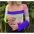 thumbnail image 1 of Nituyy Women Color Block Crochet Knit Crop Tops Long Sleeve Square Collar Hollow Out Patchwork Shirts Blouse, 1 of 9