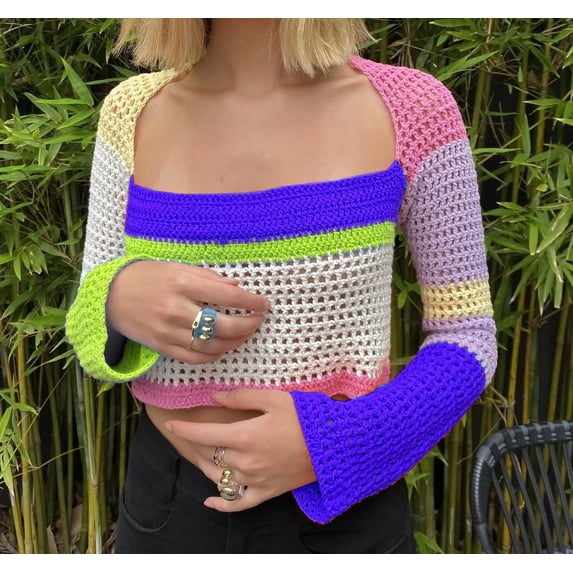 Nituyy Women Color Block Crochet Knit Crop Tops Long Sleeve Square Collar Hollow Out Patchwork Shirts Blouse