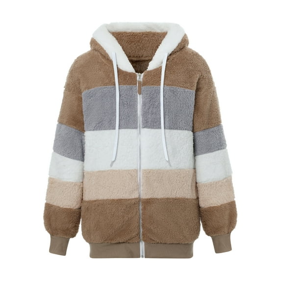 Nituyy Women Contrast Color Hooded Coat, Long Sleeve Zip-up Plush Tops for Spring, Autumn