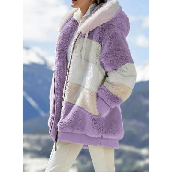 Nituyy Women Contrast Color Hooded Coat, Long Sleeve Zip-up Plush Tops for Spring, Autumn
