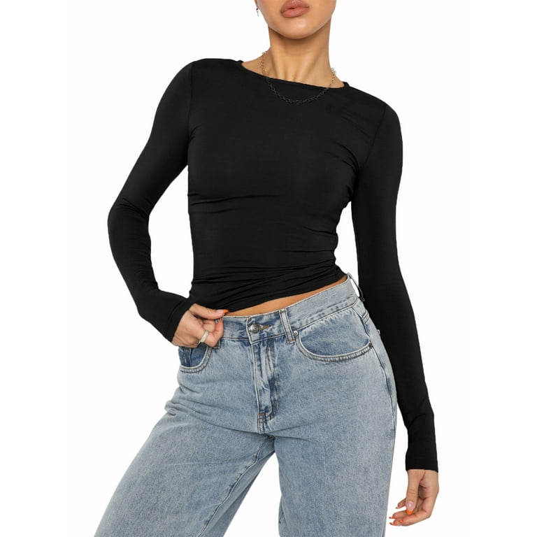Y2K Womens Stretchy Long Sleeve Crop Top Black/Gray, Rib Knitted