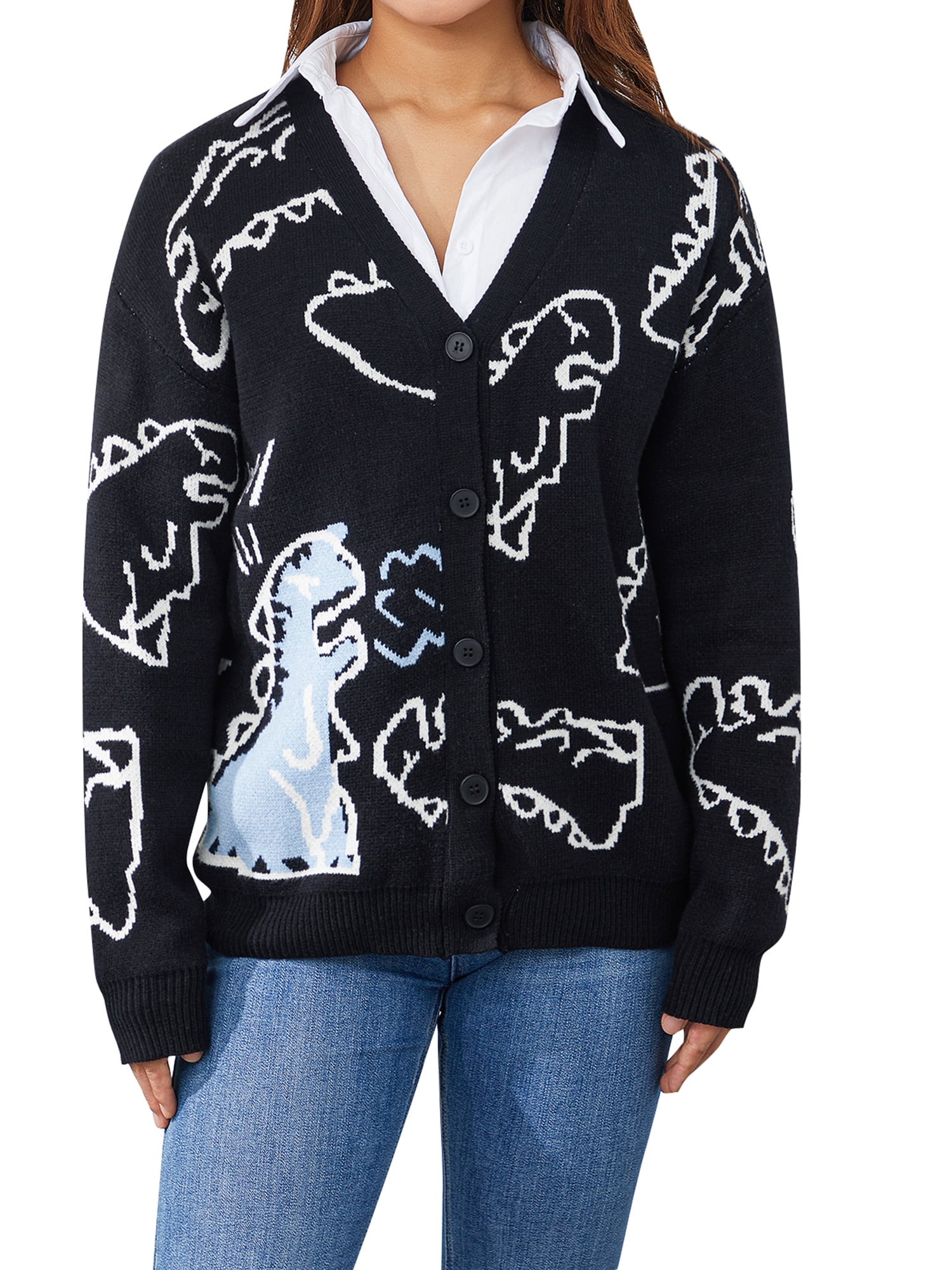 Nituyy Women Dinosaur Print Long Sleeve Loose Knitted Cardigan with