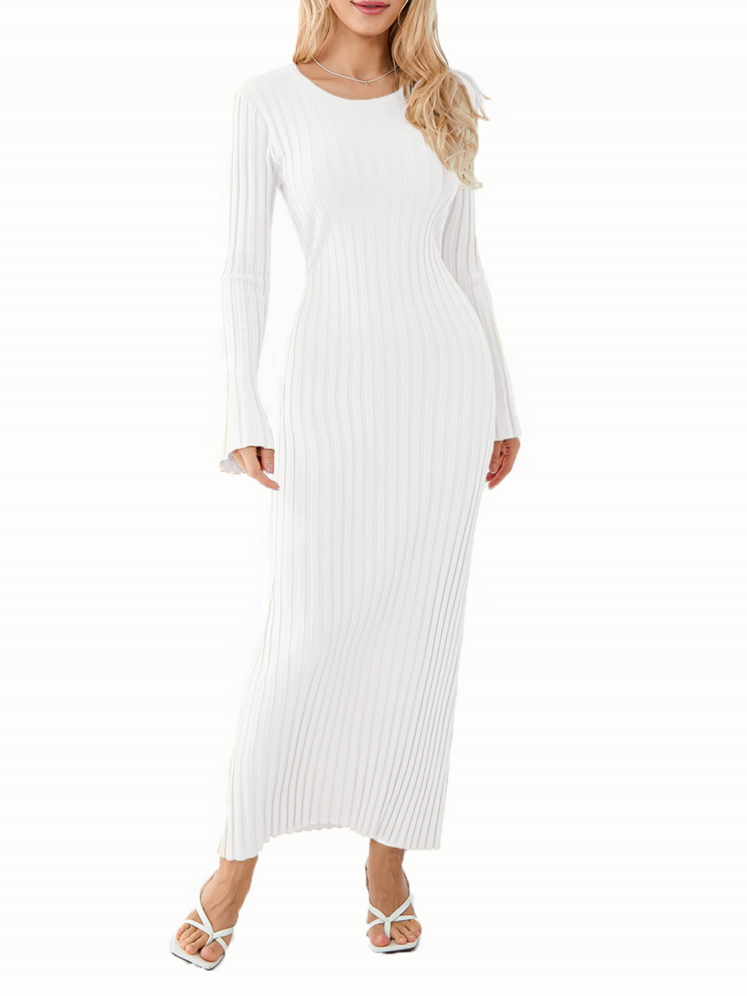 Nituyy Women Knit Dress, Elegant Long Sleeve Crew Neck Ribbed Solid