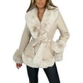 thumbnail image 1 of Nituyy Women Leather Open Front Jacket Casual Contrast Color Plush Collar Warm Cardigan with Belt Outwear Streetwear, 1 of 5