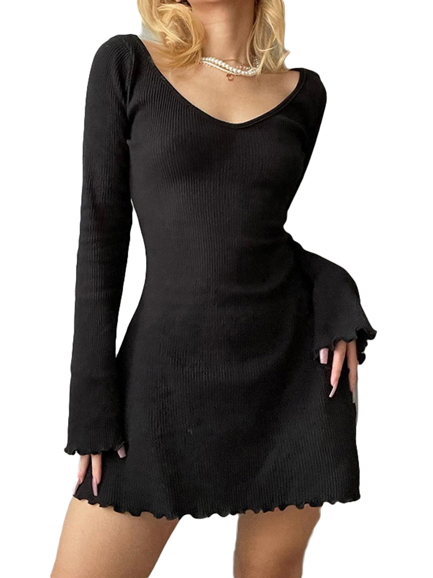 Nituyy Women Long Sleeve Mini Sweater Dress V Neck Aline Short Ribbed