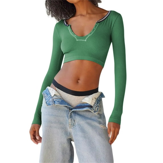 Nituyy Women Long Sleeve Shirt Contrast Color Ribbed Pullover Crop Tops