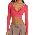 thumbnail image 1 of Nituyy Women Long Sleeve Shirt Contrast Color Ribbed Pullover Crop Tops, 1 of 4