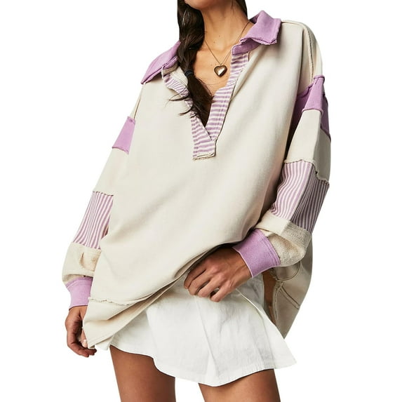 Nituyy Women Loose Sweatshirt Shirt Contrast Colors Striped Long Sleeve Tops Casual Pullover for Fall Club Streetwear