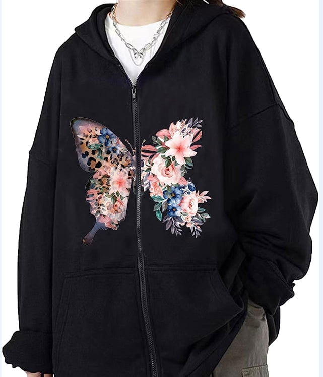 Nituyy Women Men Hoodie, Long Sleeve Hooded Butterfly Flower Print Zipup Sweatshirt Streetwear