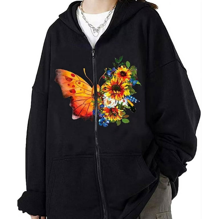 Nituyy Women Men Hoodie Long Sleeve Hooded Butterfly Flower Print