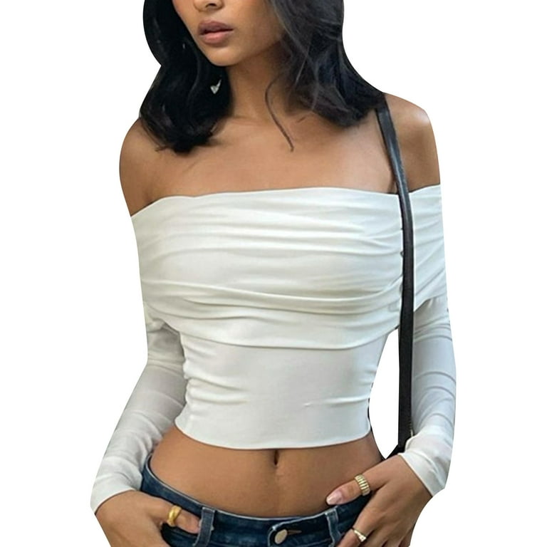 Off-Shoulder Solid Color Long Sleeve Tight Tee Slim Fit Going Out Crop Tops  Casual Shirt Womens Tops Basic Streetwear, Black, Large : :  Clothing, Shoes & Accessories