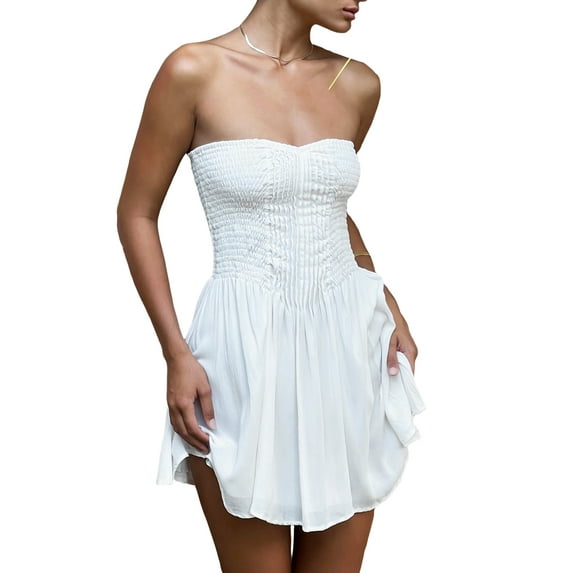 Nituyy Women Off-shoulder Sleeveless Dress Summer Solid Color Ruched Party Mini Dress Beach Streetwear