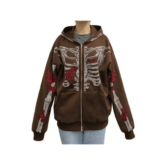 Nituyy Women Rhinestones Hoodie Skull Butterfly Skeleton Print Long Sleeve Hooded Jacket Sweatshirt