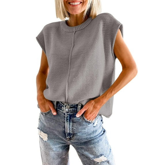 Nituyy Women Solid Color Sweater Vests Crew Neck Cap Sleeve Loose Fit Pullovers Casual Knitted Tank Tops Streetwear