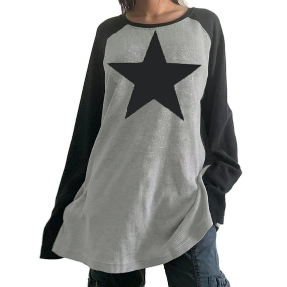 Nituyy Women Star Shirt Tops Vintage Aesthetic Patchwork Long Sleeve Tee Shirts 90s Oversized Grunge Clothes