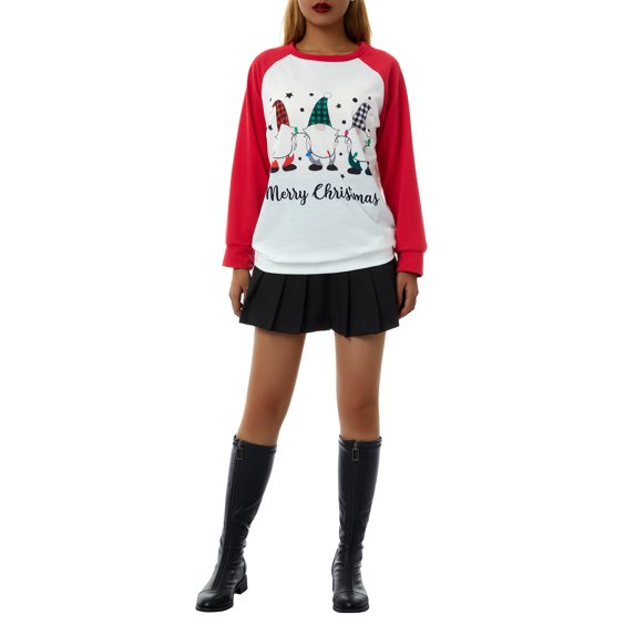 Nituyy Women Sweatshirt Tops, Christmas Elk/ Gnome Print Round Neck Long Sleeve Blouse