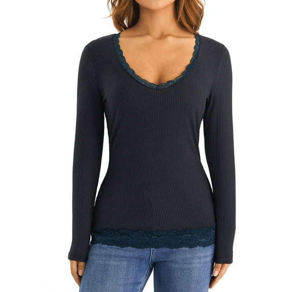 Nituyy Women T-Shirts Lace Trim Patchwork Scoop Neck Long Sleeve Tops