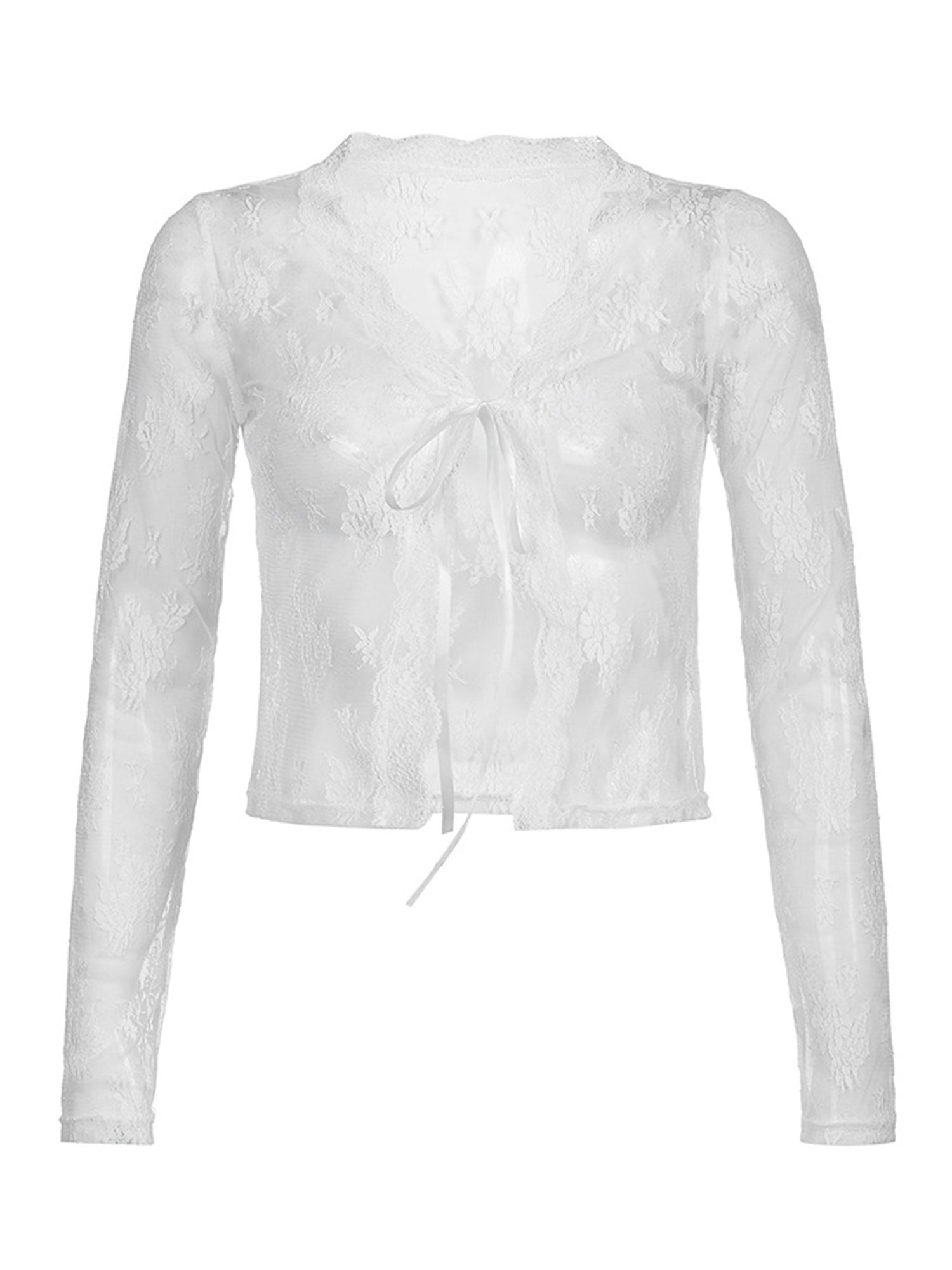 Nituyy Women Tie Front Top Long Sleeve Lace Trim Shirt Open Front