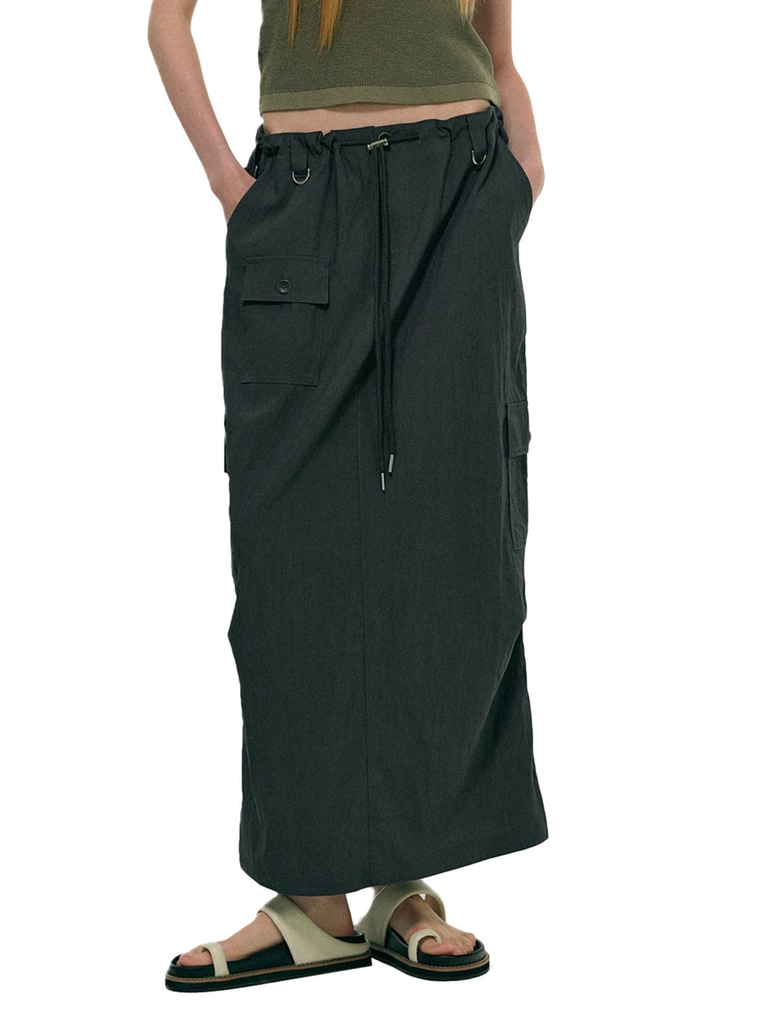 Nituyy Women´s Long Cargo Skirt Solid Color Waist Drawstring Multi Pocket Straight Streetwear