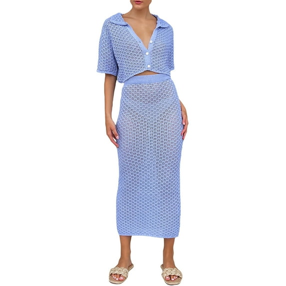 Nituyy Women’s Two Piece Summer Outfits, Short Sleeve Knit Button Crop Tops and Long Skirt Set